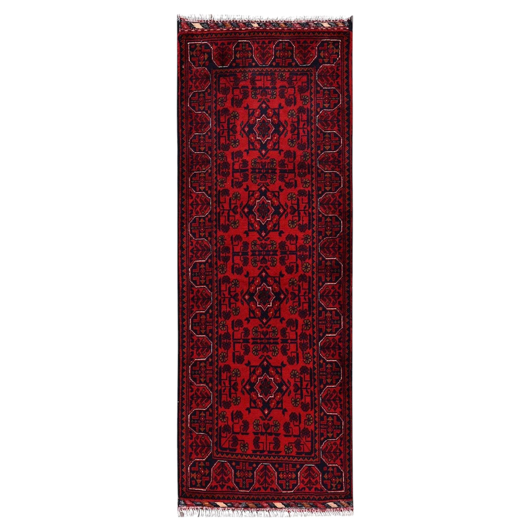 1'9"x5' Red Afghan Andkhoy with Geometric Motif Hand Knotted Wool Runner Rug For Sale