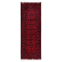 1'9"x5' Red Afghan Andkhoy with Geometric Motif Hand Knotted Wool Runner Rug