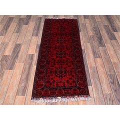 1'9"x5' Red Afghan Andkhoy with Geometric Motif Wool Hand Knotted Runner Rug