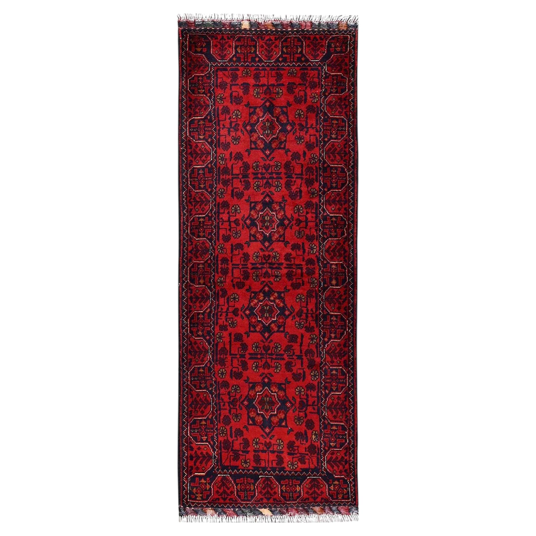 1'9"x5' Red Afghan Andkhoy with Geometric Motif Wool Hand Knotted Runner Rug
