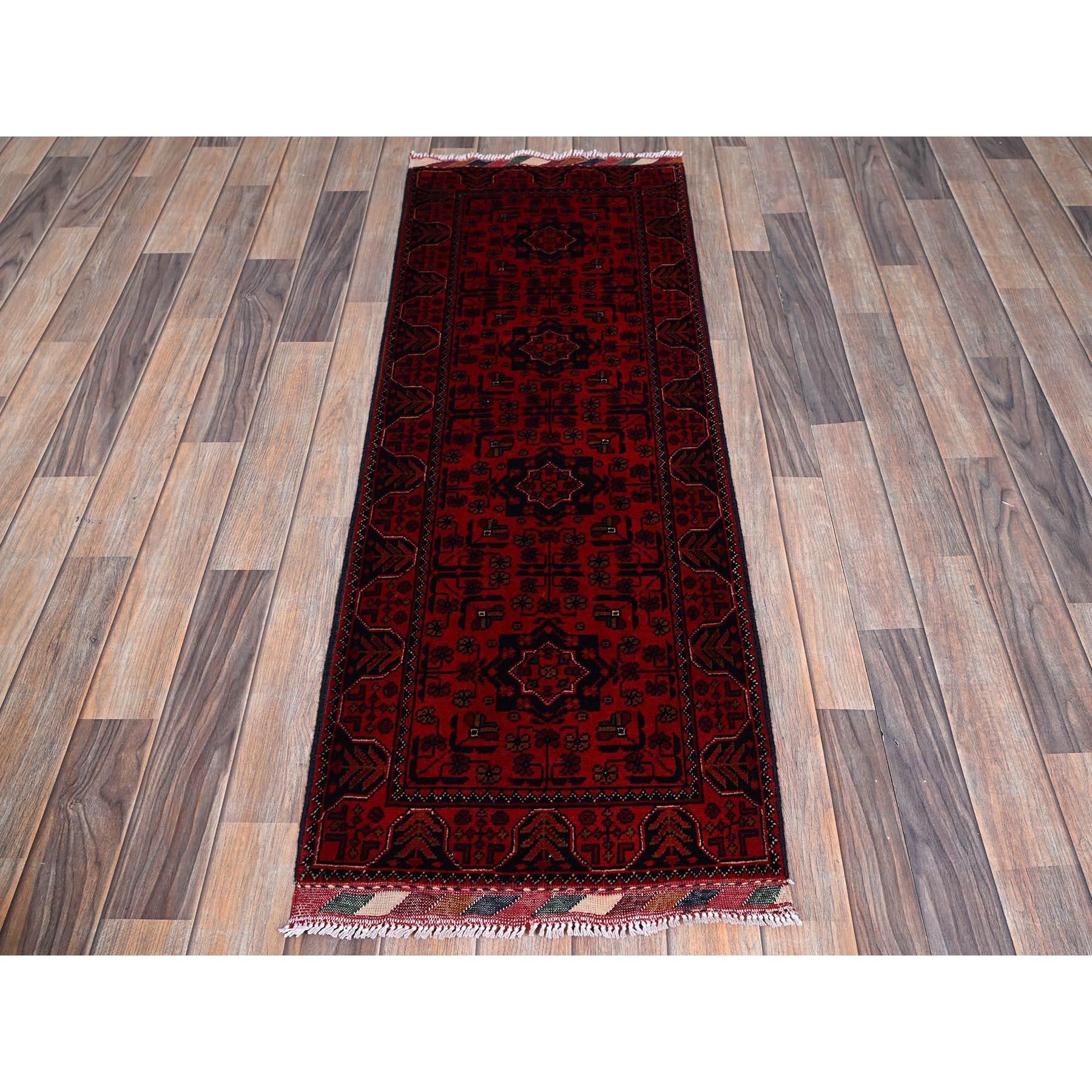 Scarlet Red, Afghan Khamyab with Geometric Medallions Design, Soft and Velvety Wool, Hand Knotted, Natural Dyes, Short and Narrow Runner, Oriental Rug
Primary materials: Wool
Latex: No Pile 
height: 0.25 Inches
Style: Traditional
Primary color:
