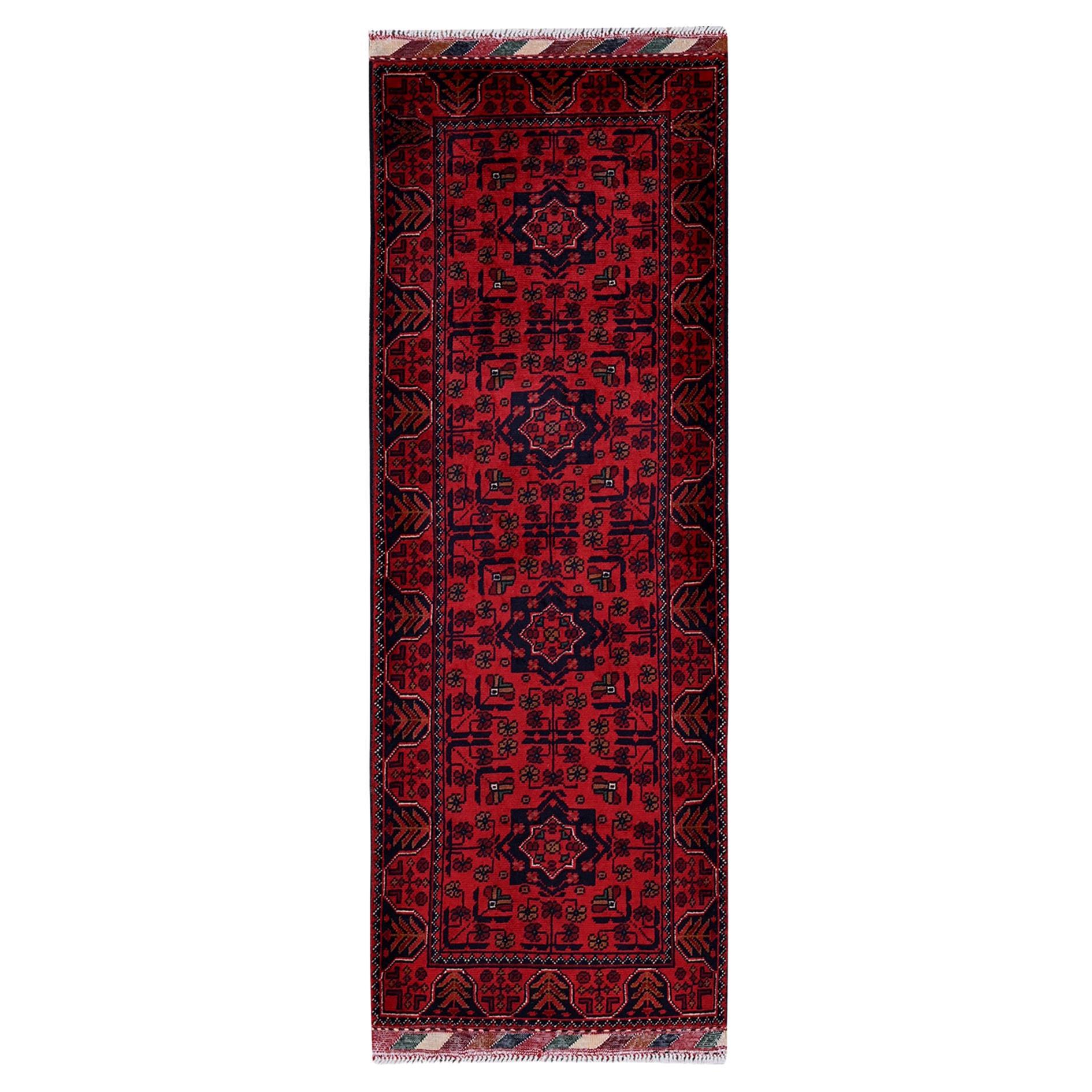 1
9"x5
 Red Afghan Khamyab with Geometric Design Hand Knotted Wool Runner Rug