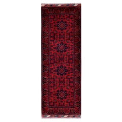 1
9"x5
 Red Afghan Khamyab with Geometric Design Hand Knotted Wool Runner Rug