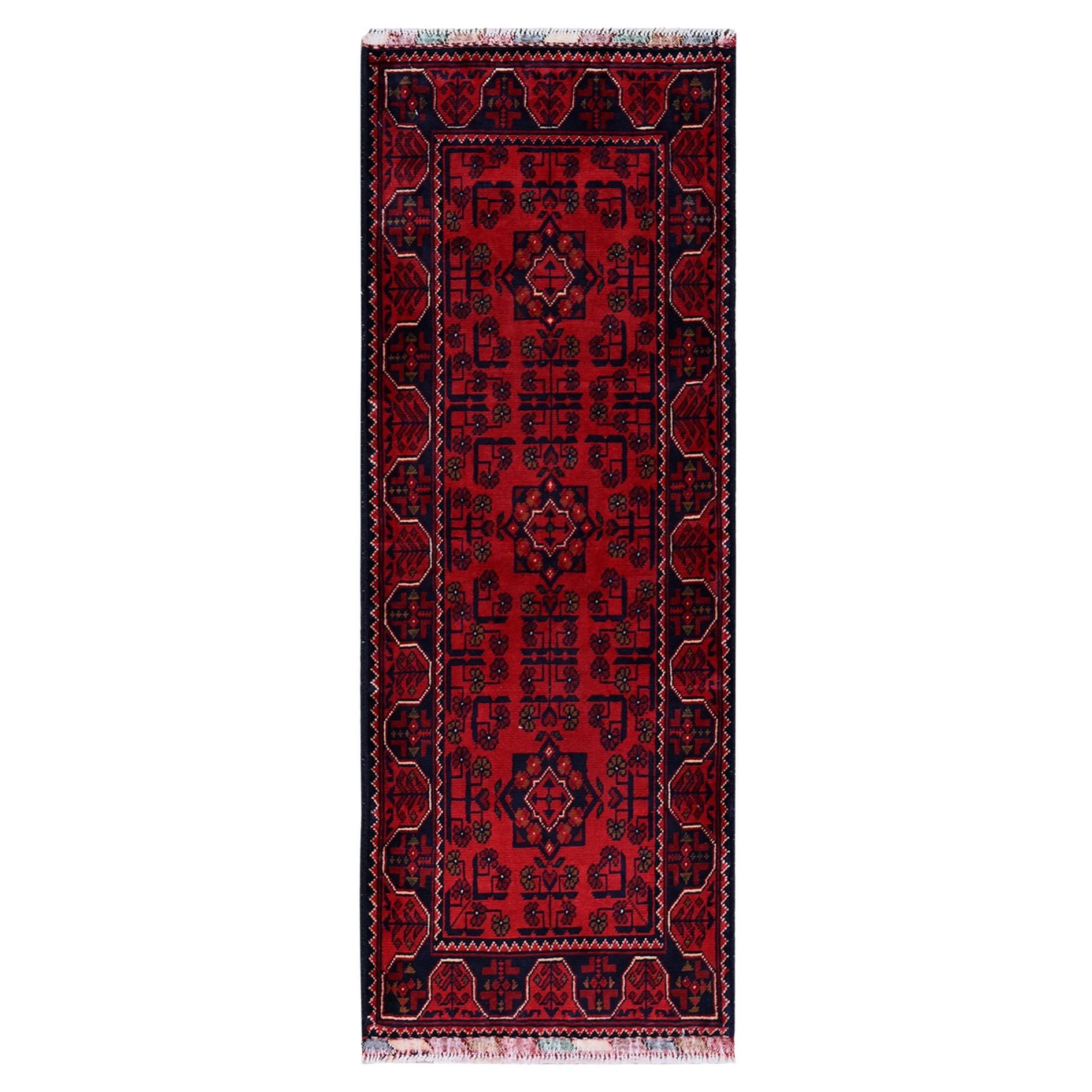 1
9"x5
Red Afghan Khamyab with Tribal Design Hand Knotted All Wool Runner Rug