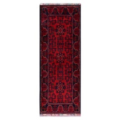 1
9"x5
Red Afghan Khamyab with Tribal Design Hand Knotted All Wool Runner Rug