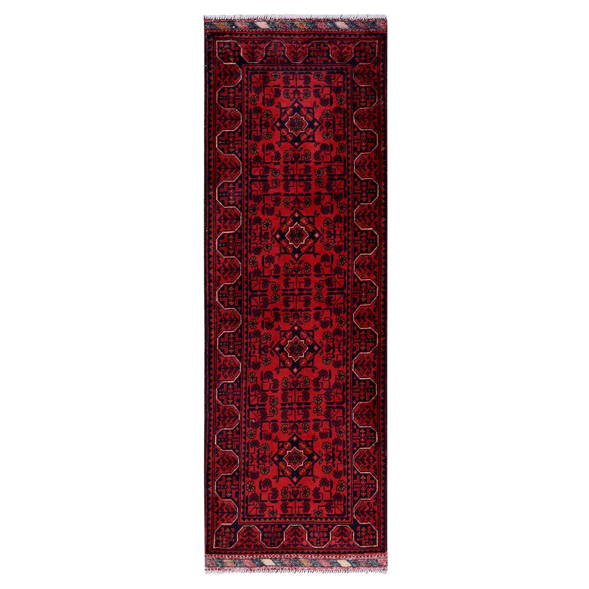 1
9"x5
Red Hand Knotted Afghan Khamyab Geometric Design Soft Wool Runner Rug