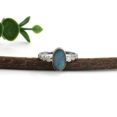 1ct, 11x7mm Australian Opal Ring w Natural Diamonds in 14K White and Yellow Gold