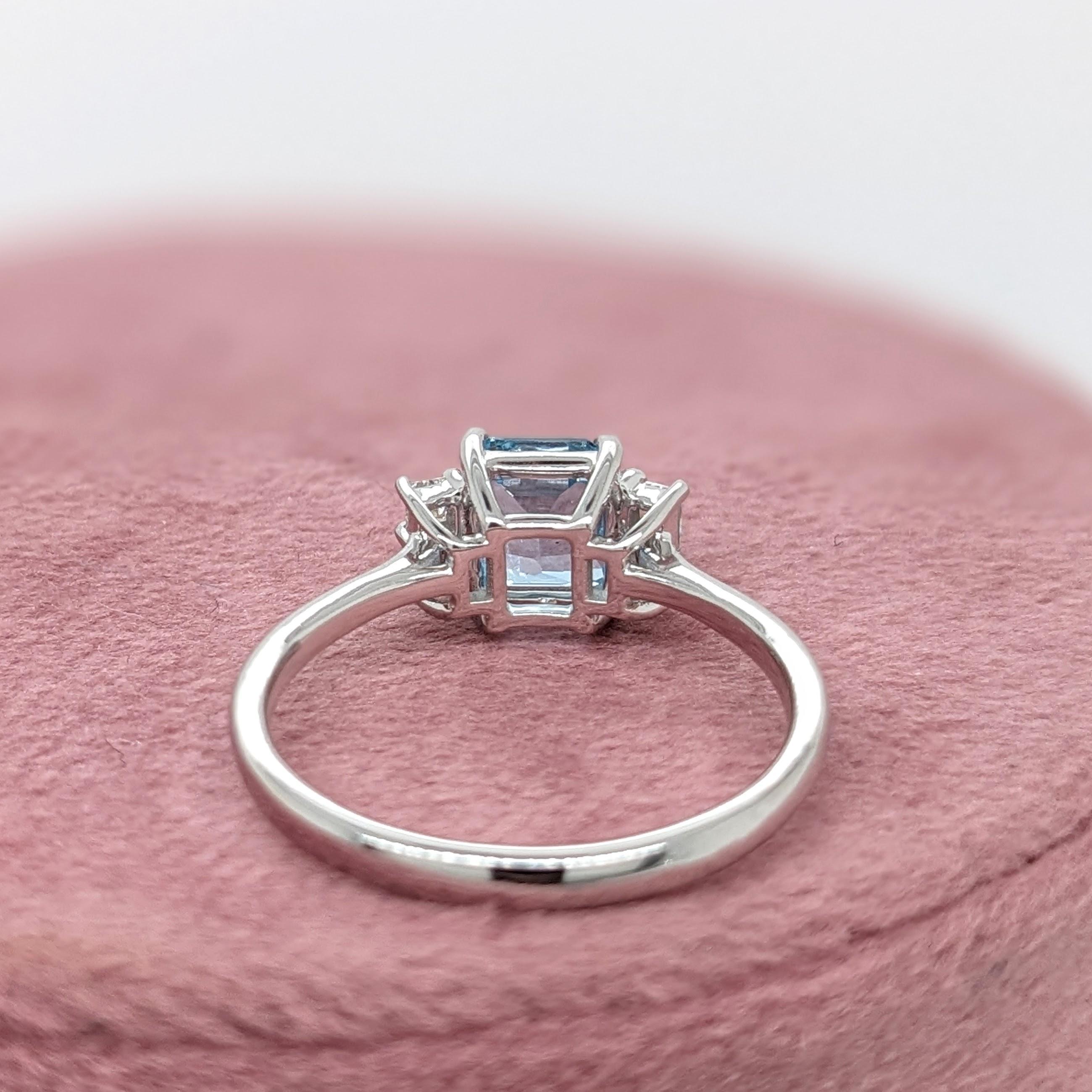 Emerald Cut 1ct Aquamarine Ring w Earth Mined Diamond in Solid 14K White Gold EM 6.5x5.5mm For Sale