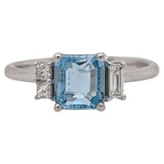 1ct Aquamarine Ring w Earth Mined Diamond in Solid 14K White Gold EM 6.5x5.5mm