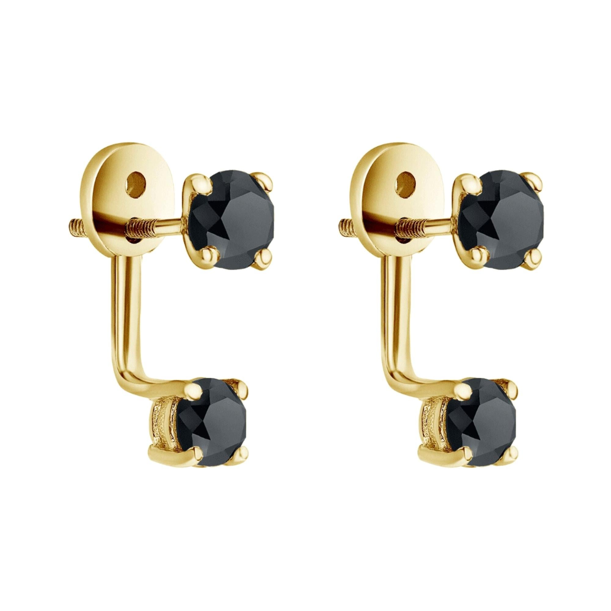 1.00 CT Black Diamond Studs & Ear Jackets Set in 14K Yellow Gold, Shlomit Rogel For Sale