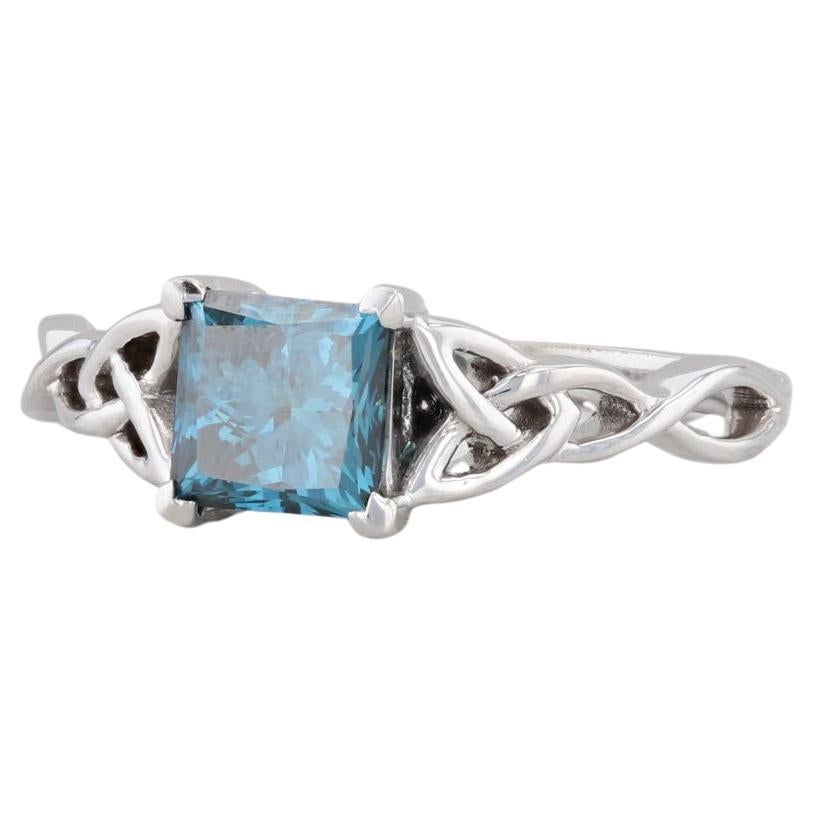1ct Blue Princess Diamond Solitaire Engagement Ring 18k Gold Sz 6.5 Celtic Knots For Sale