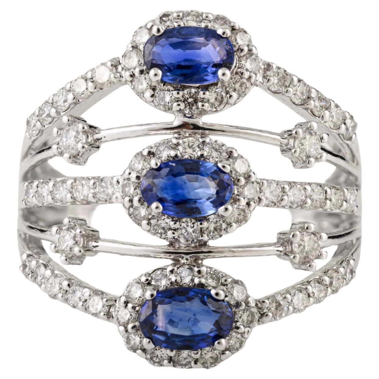 1Kt Blauer Saphir 
Diamant Multi-Band Cocktail Ring in 14K Weißgold Schmuck