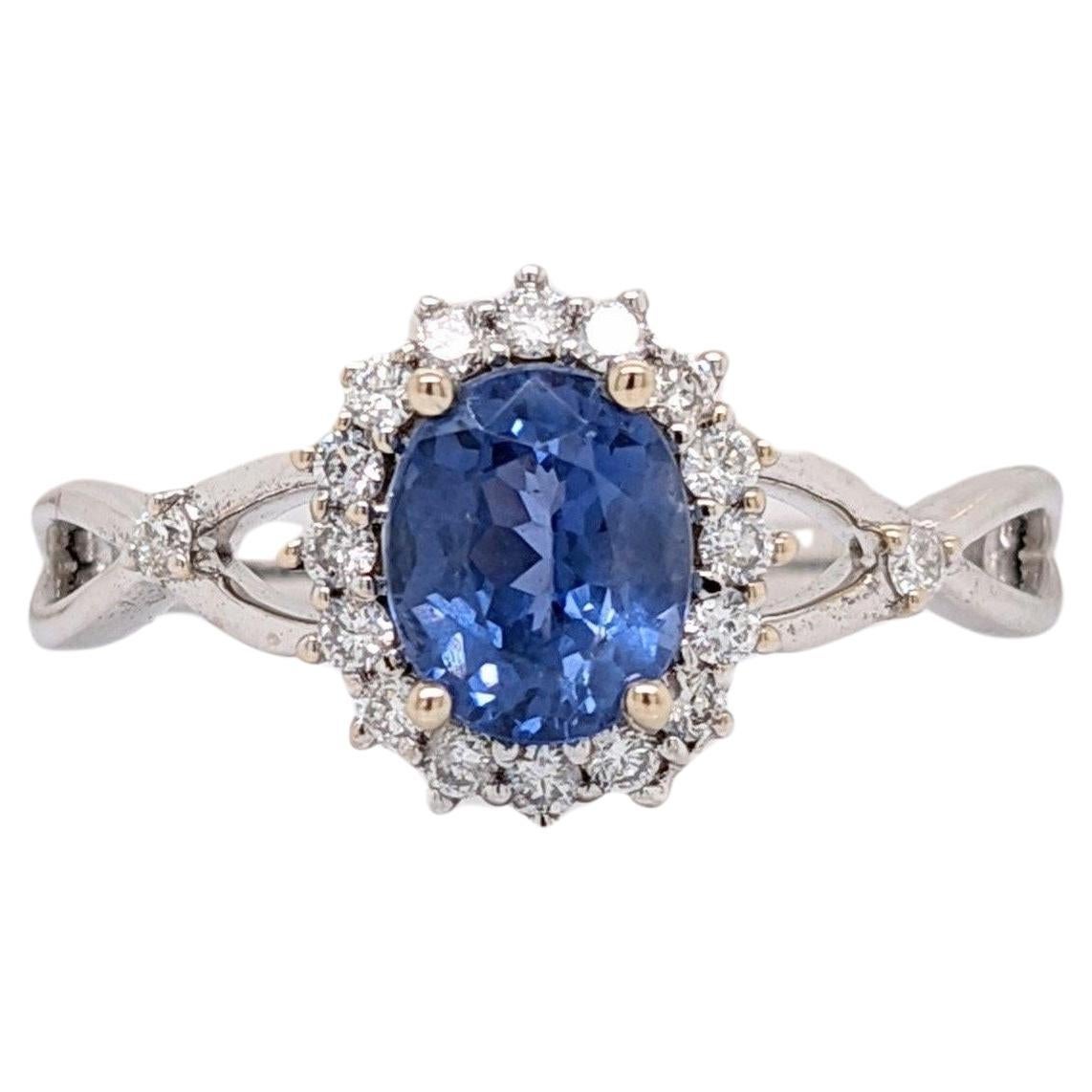 1ct Blue Sapphire Ring w Earth Mined Diamonds in Solid 14K White Gold Oval 7x6mm
