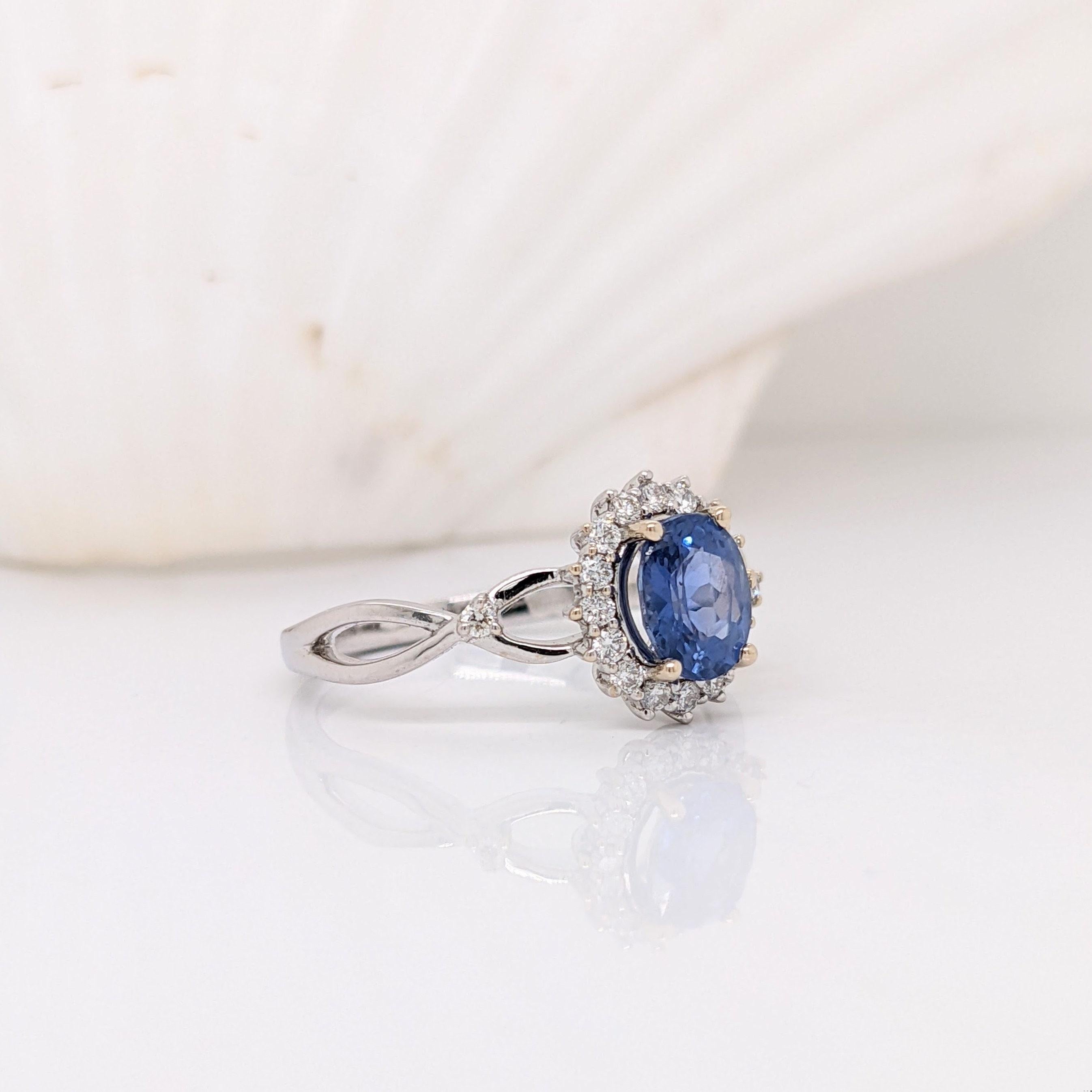 Oval Cut 1ct Blue Sapphire Ring w Earth Mined Diamonds in Solid 14K White Gold Oval 7x6mm For Sale
