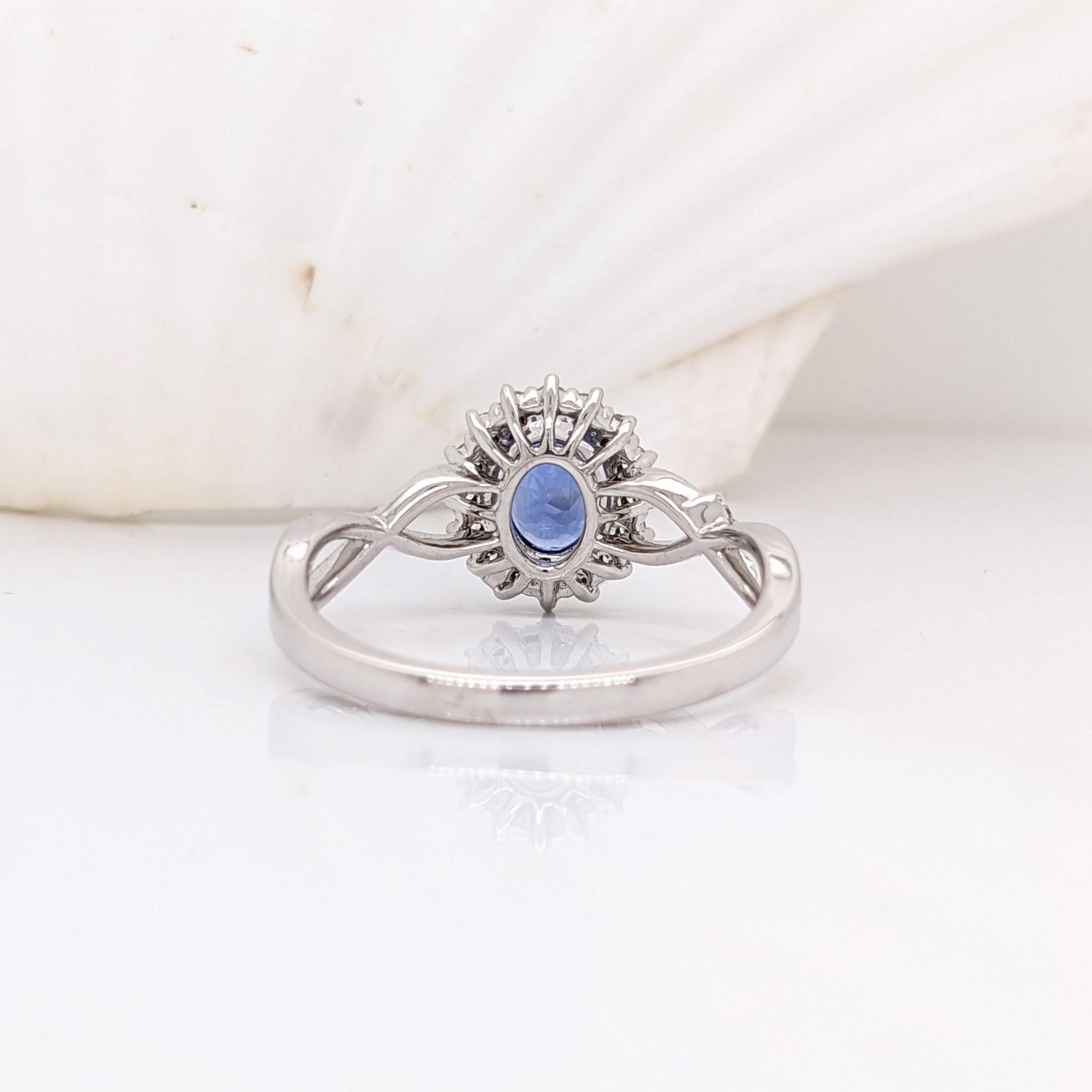 Women's 1ct Blue Sapphire Ring w Earth Mined Diamonds in Solid 14K White Gold Oval 7x6mm For Sale
