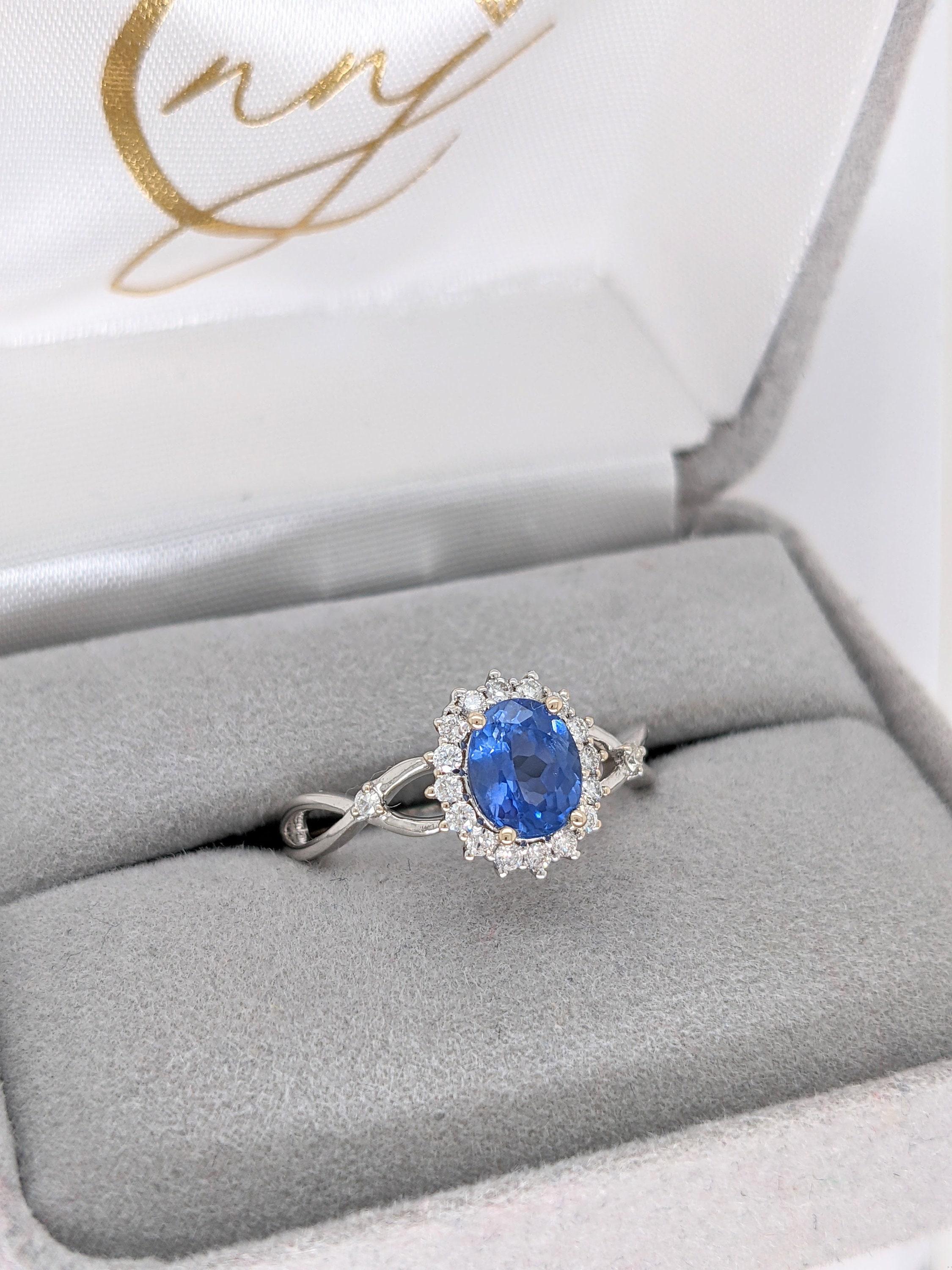 1ct Blue Sapphire Ring w Earth Mined Diamonds in Solid 14K White Gold Oval 7x6mm For Sale 2