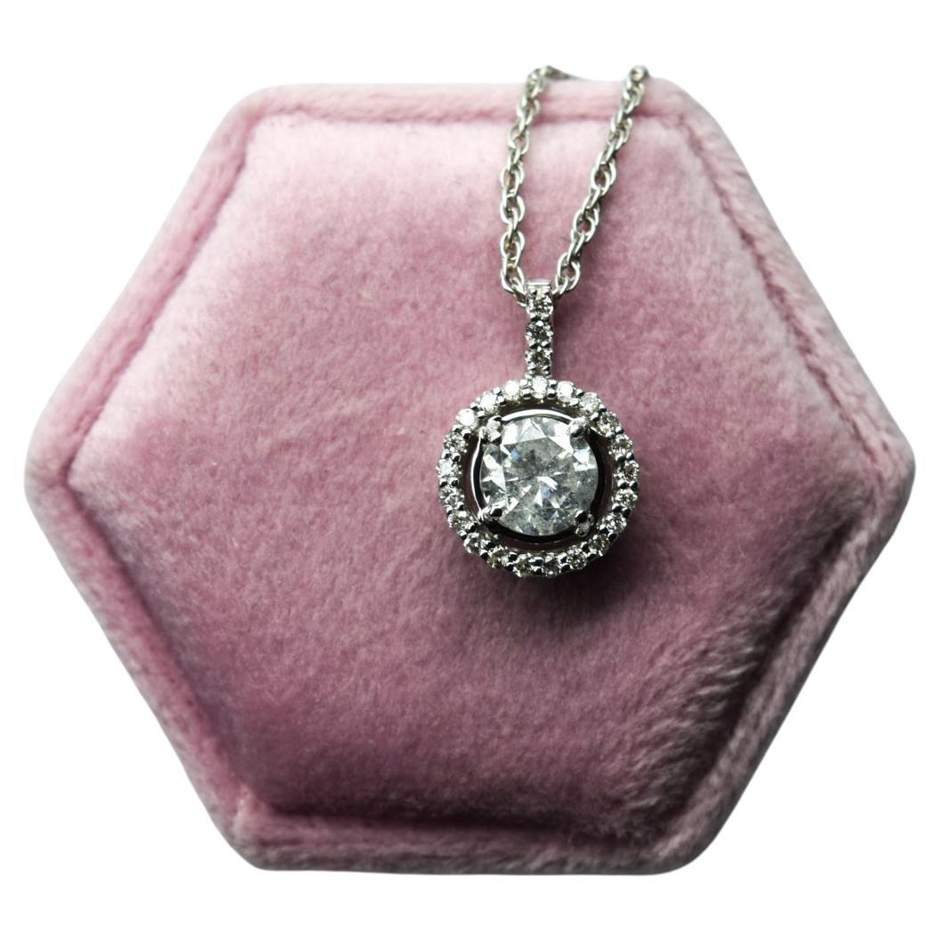 1ct Center Diamond pendant necklace 14KT gold halo diamond necklace For Sale