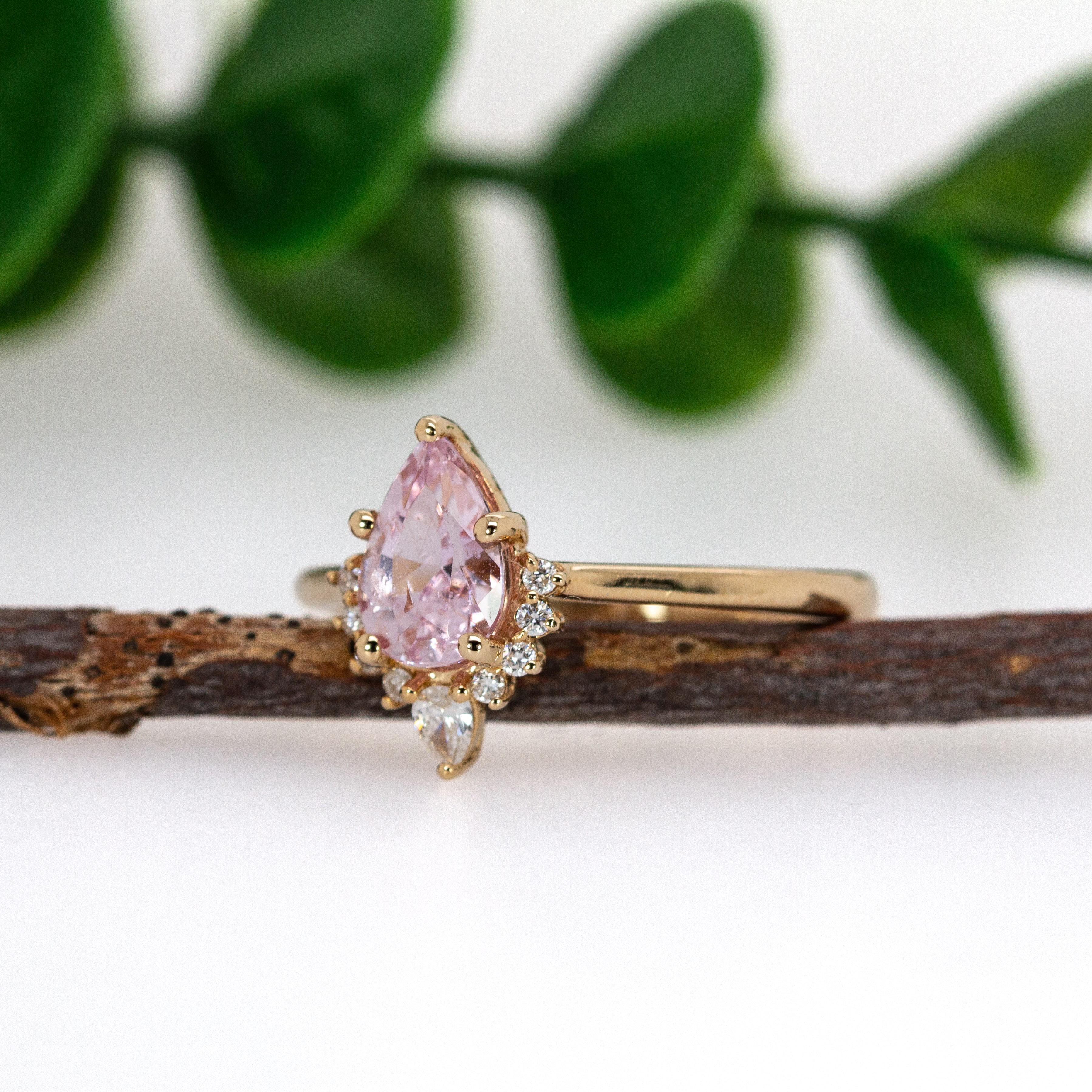 Pear Cut 1ct Ceylon Pink Sapphire Ring w Diamond Accents in Solid 14K Gold  PE 8x5.4mm For Sale