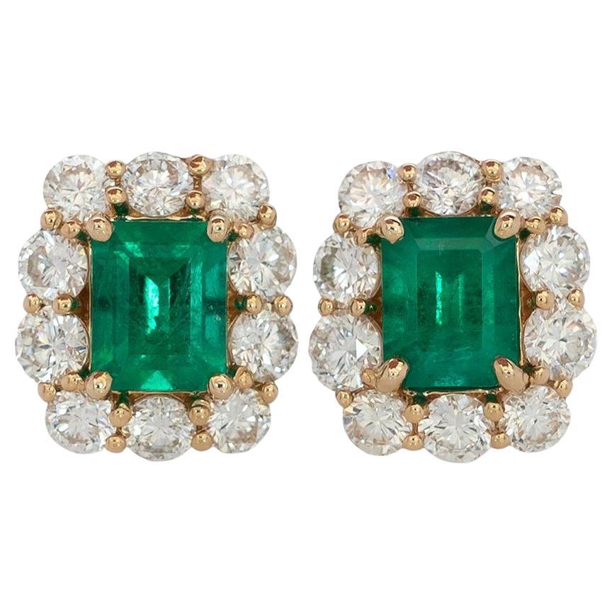 1ct Colombian Emerald Stud Earrings with Natural Diamond Accents: Solid 14k Gold