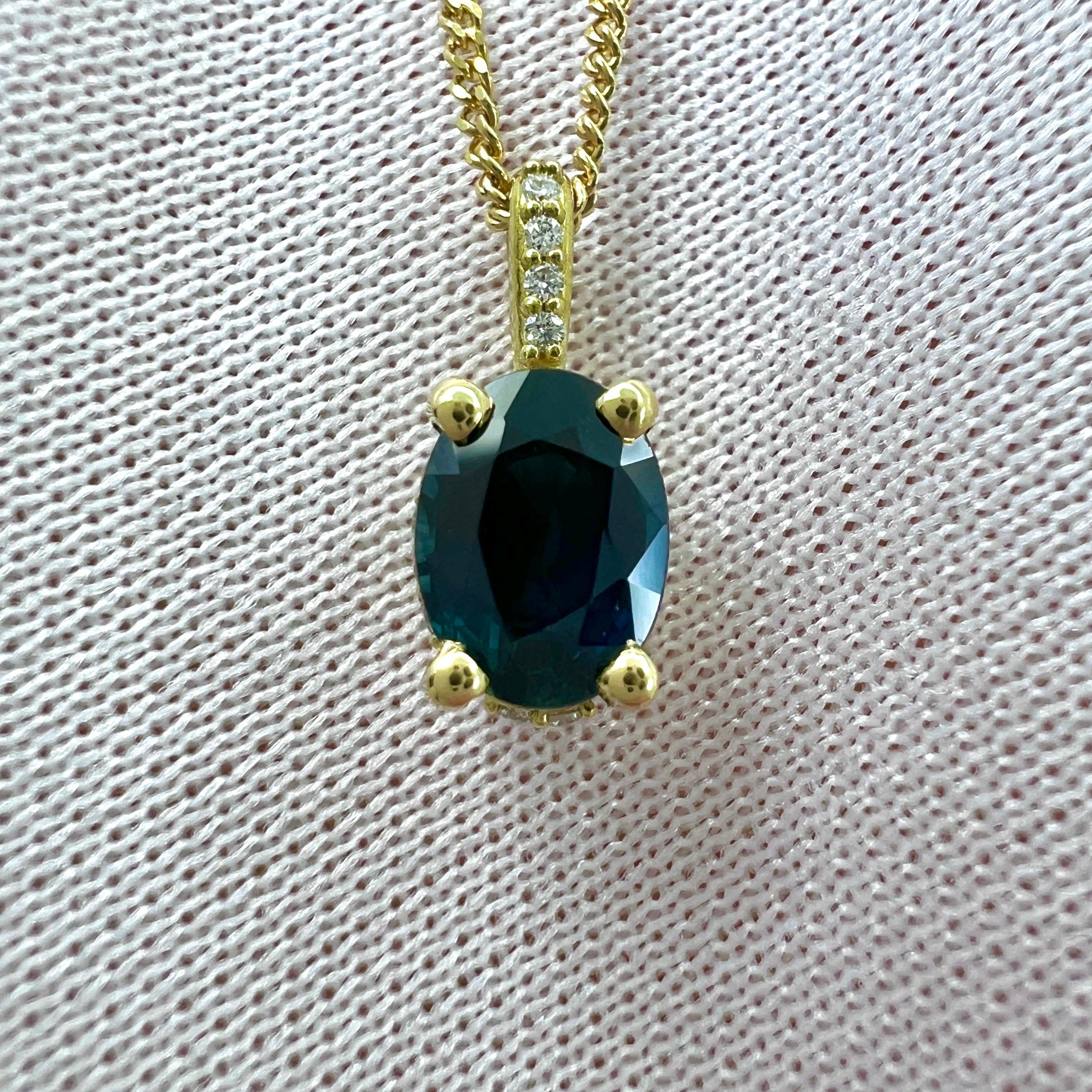 1ct Deep Blue Sapphire And Diamond 18k Yellow Gold Hidden Halo Pendant Necklace For Sale 5