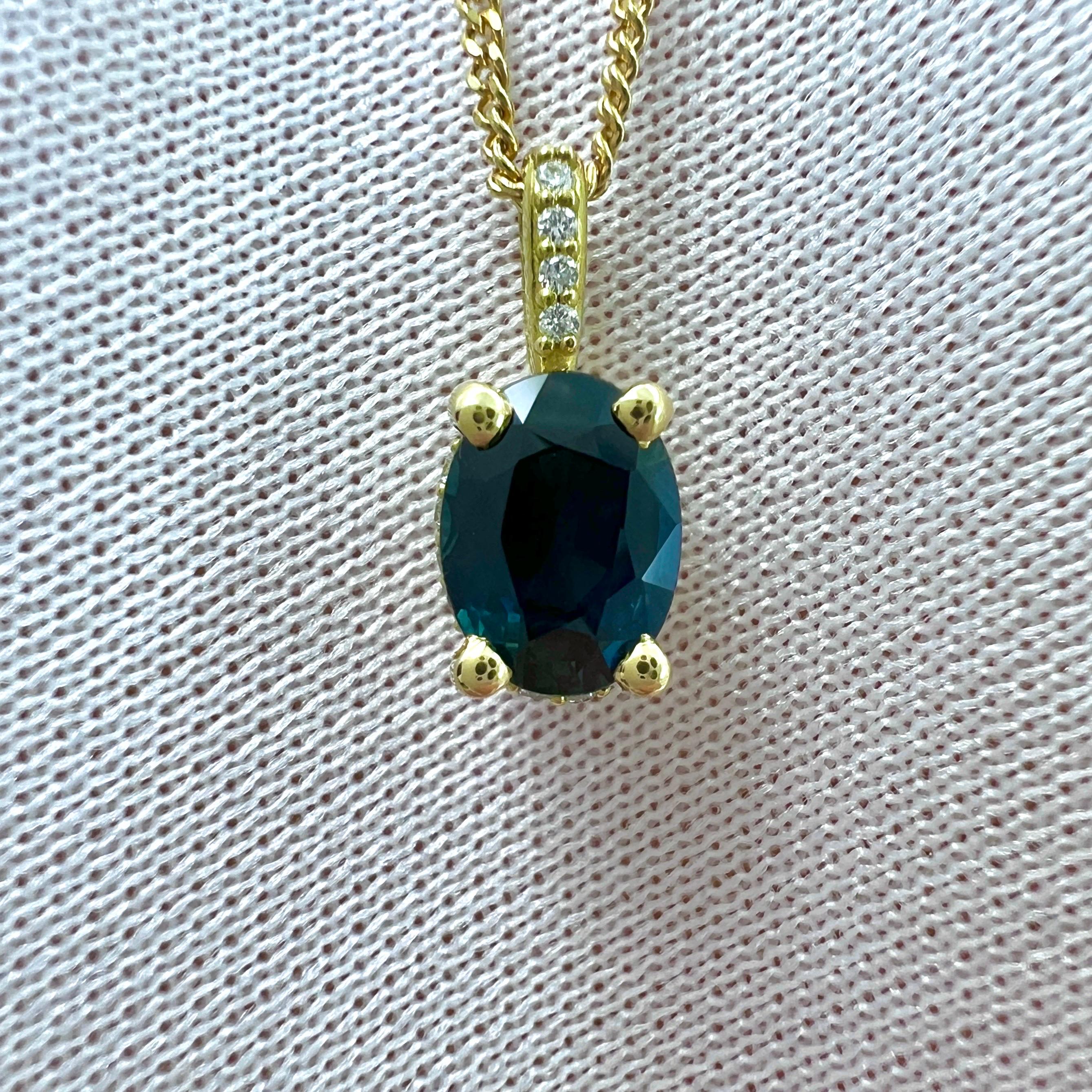 1ct Deep Blue Sapphire And Diamond 18k Yellow Gold Hidden Halo Pendant Necklace For Sale 6