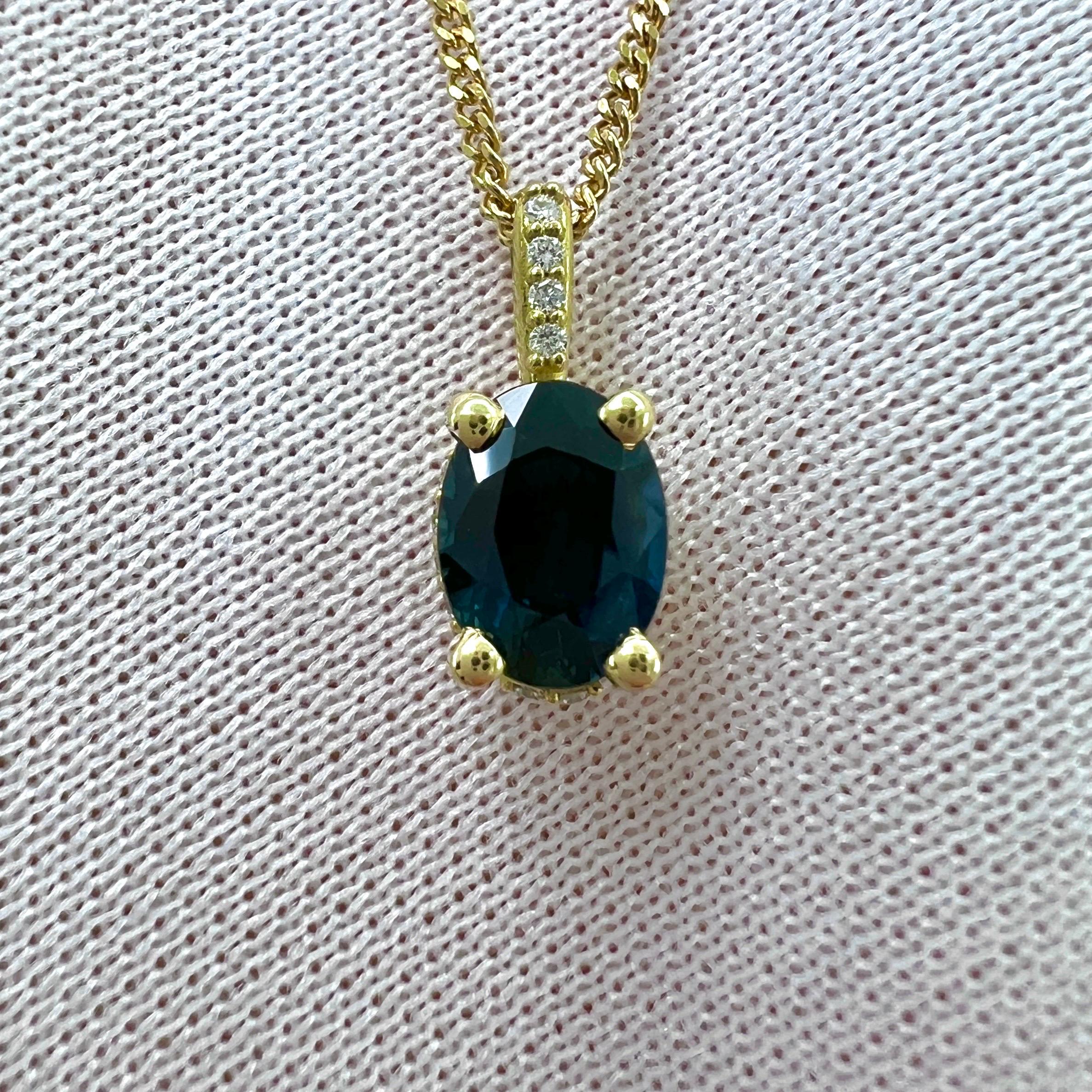 1ct Deep Blue Sapphire And Diamond 18k Yellow Gold Hidden Halo Pendant Necklace For Sale 7
