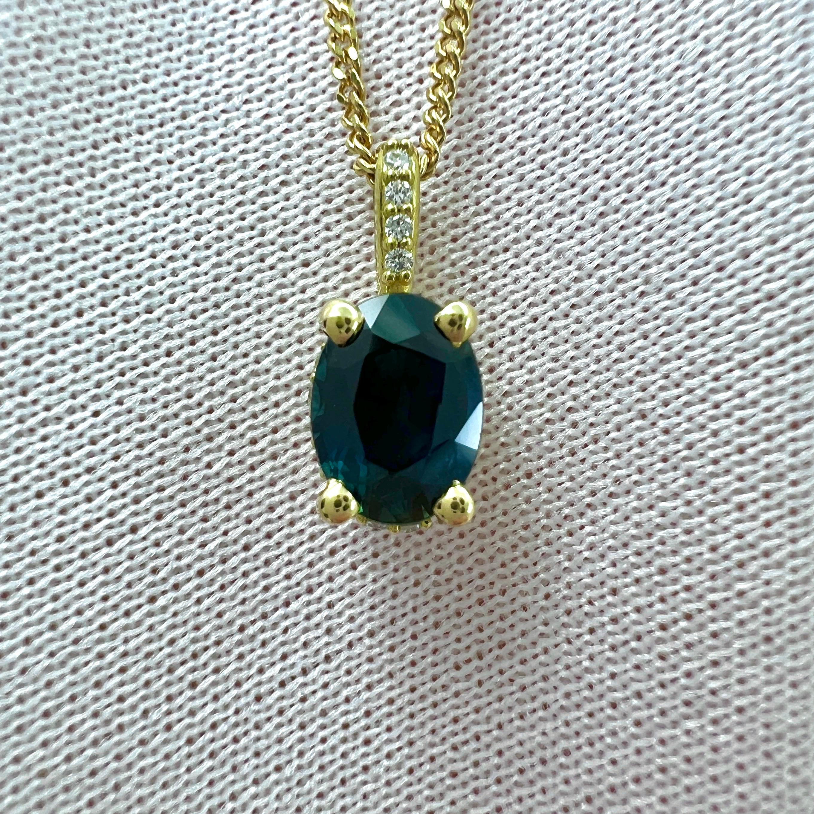 Oval Cut 1ct Deep Blue Sapphire And Diamond 18k Yellow Gold Hidden Halo Pendant Necklace For Sale