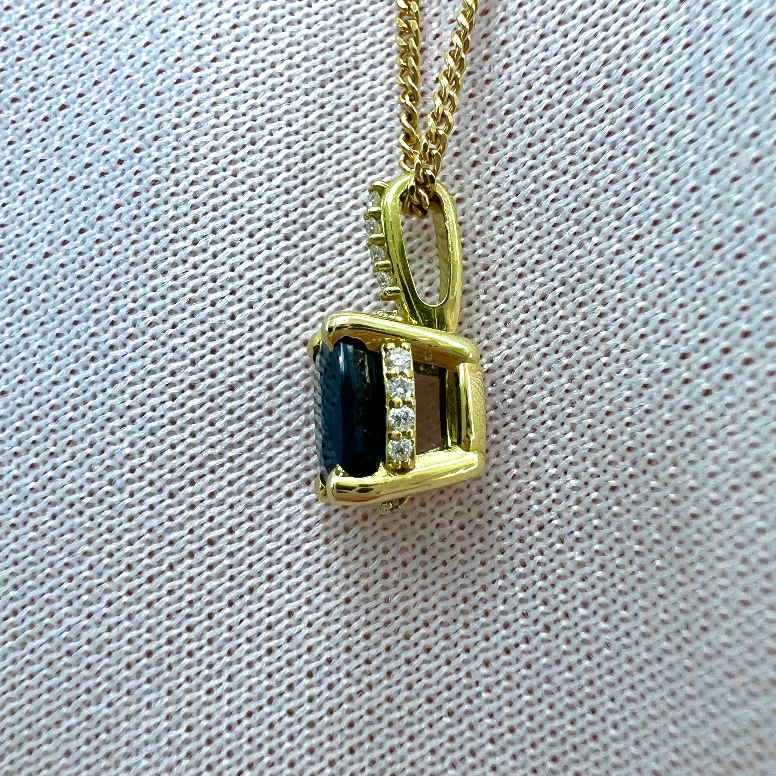1ct Deep Blue Sapphire And Diamond 18k Yellow Gold Hidden Halo Pendant Necklace For Sale 1