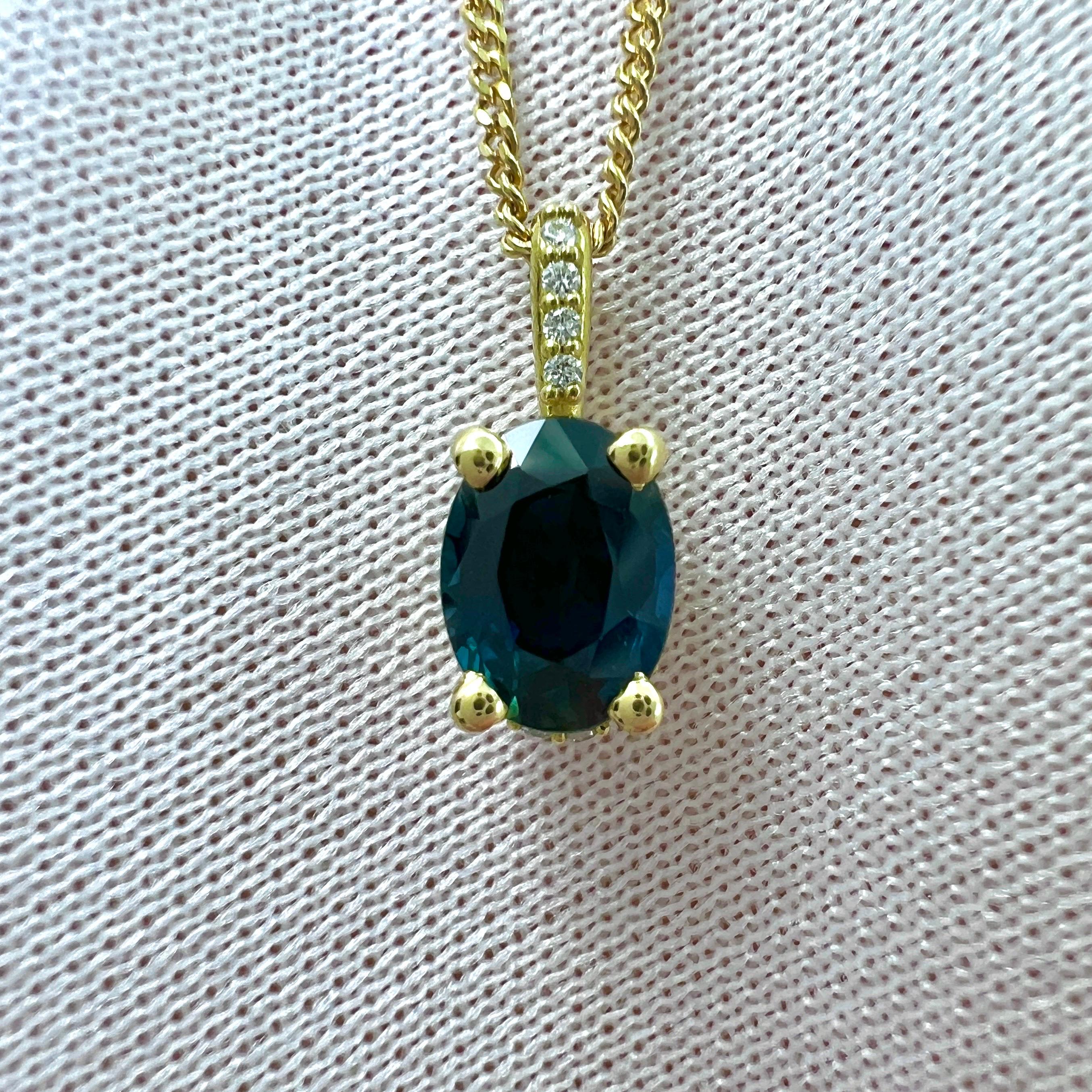 1ct Deep Blue Sapphire And Diamond 18k Yellow Gold Hidden Halo Pendant Necklace For Sale 2