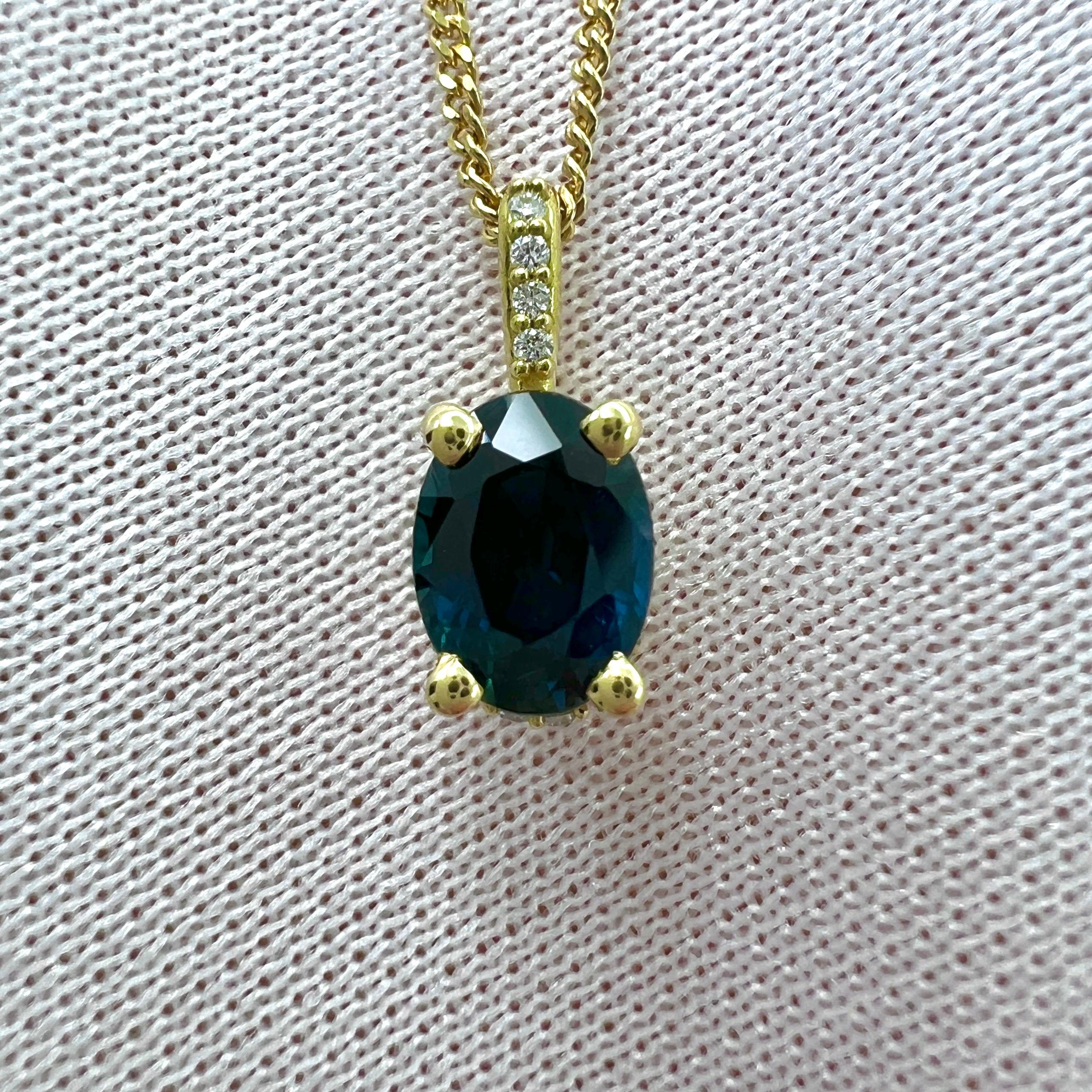 1ct Deep Blue Sapphire And Diamond 18k Yellow Gold Hidden Halo Pendant Necklace For Sale 3