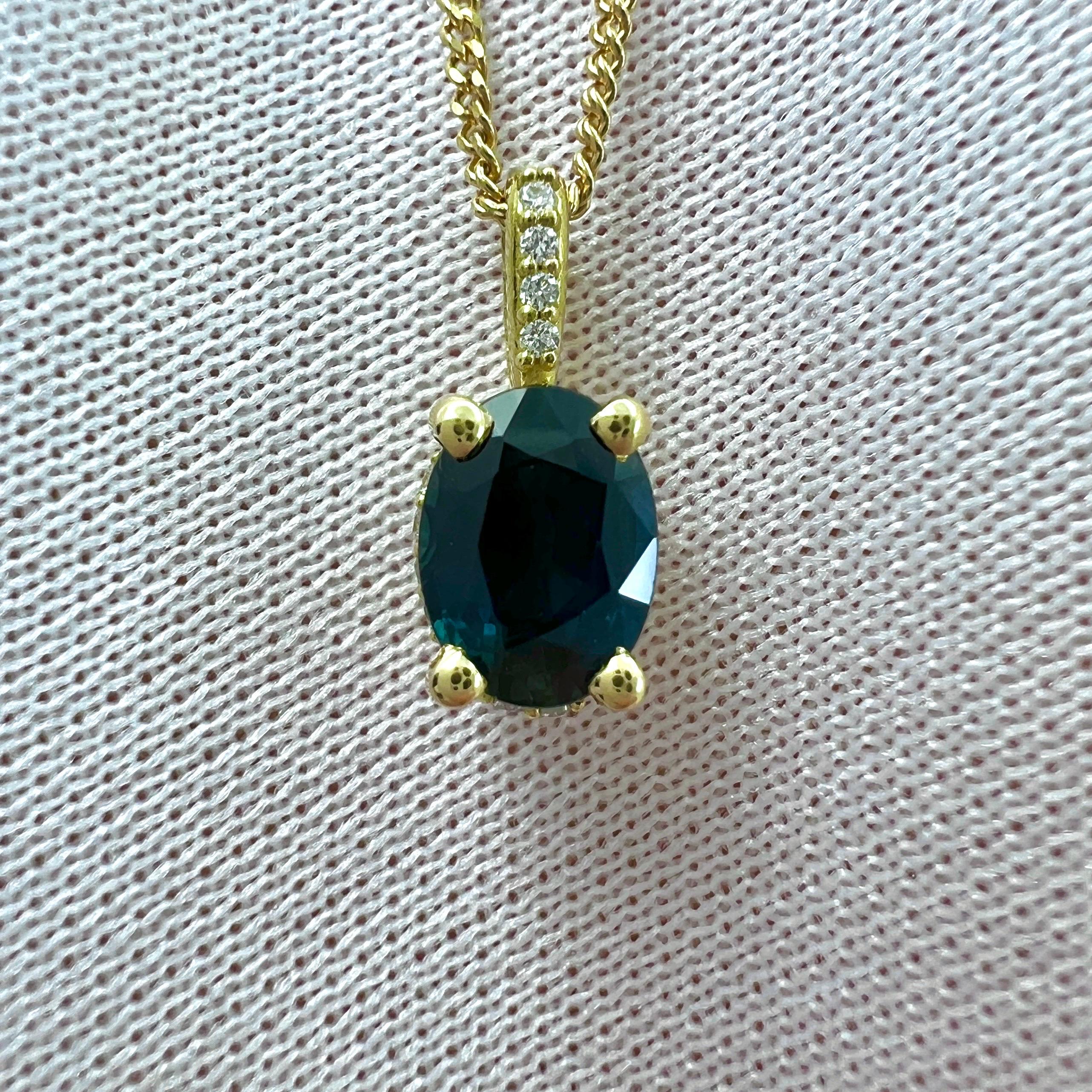 1ct Deep Blue Sapphire And Diamond 18k Yellow Gold Hidden Halo Pendant Necklace For Sale 4
