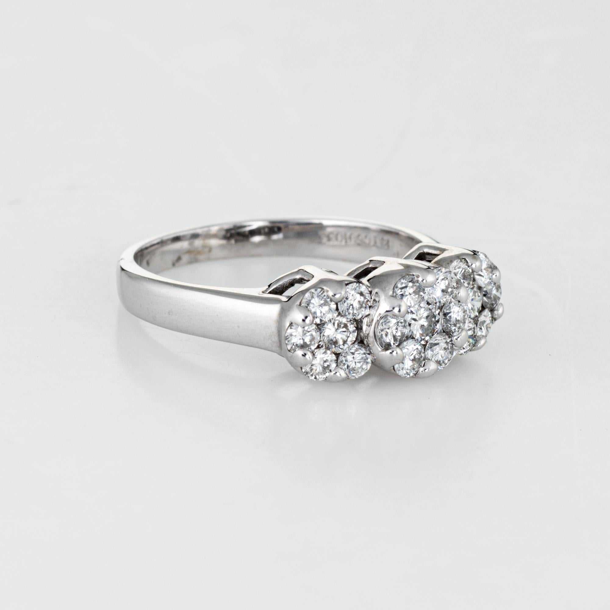 Modern 1 Carat Diamond Cluster Ring Estate 14 Karat White Gold 3 Flower Mount Jewelry For Sale