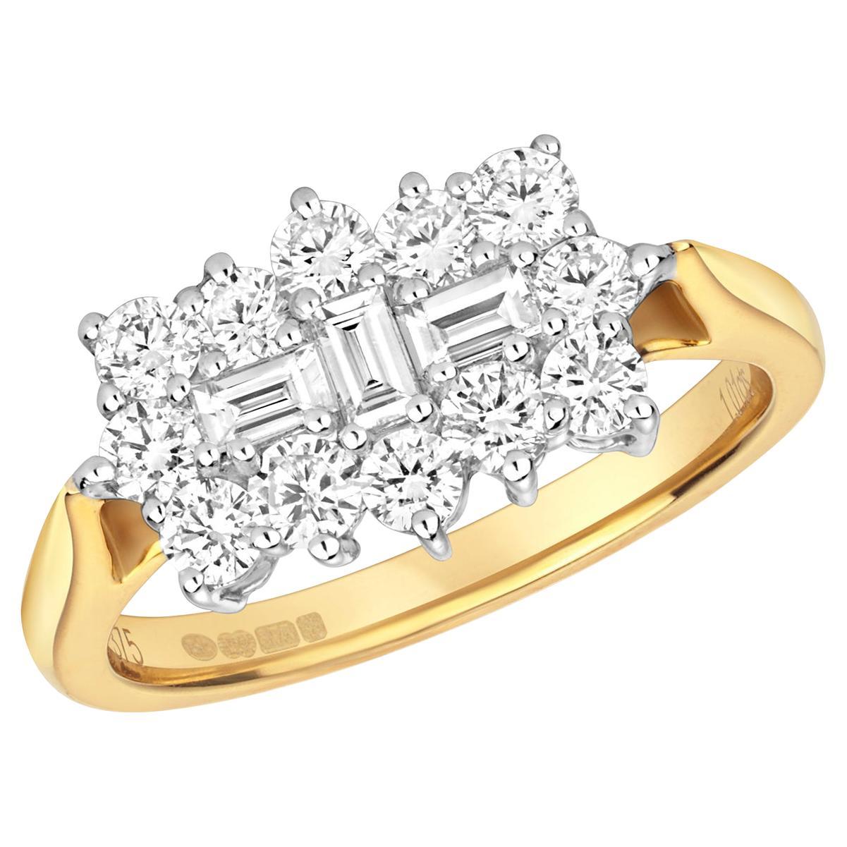 1ct DIAMOND ROUND AND BAGUETTE CLUSTER BOAT RING IN 9CT GOLD For Sale