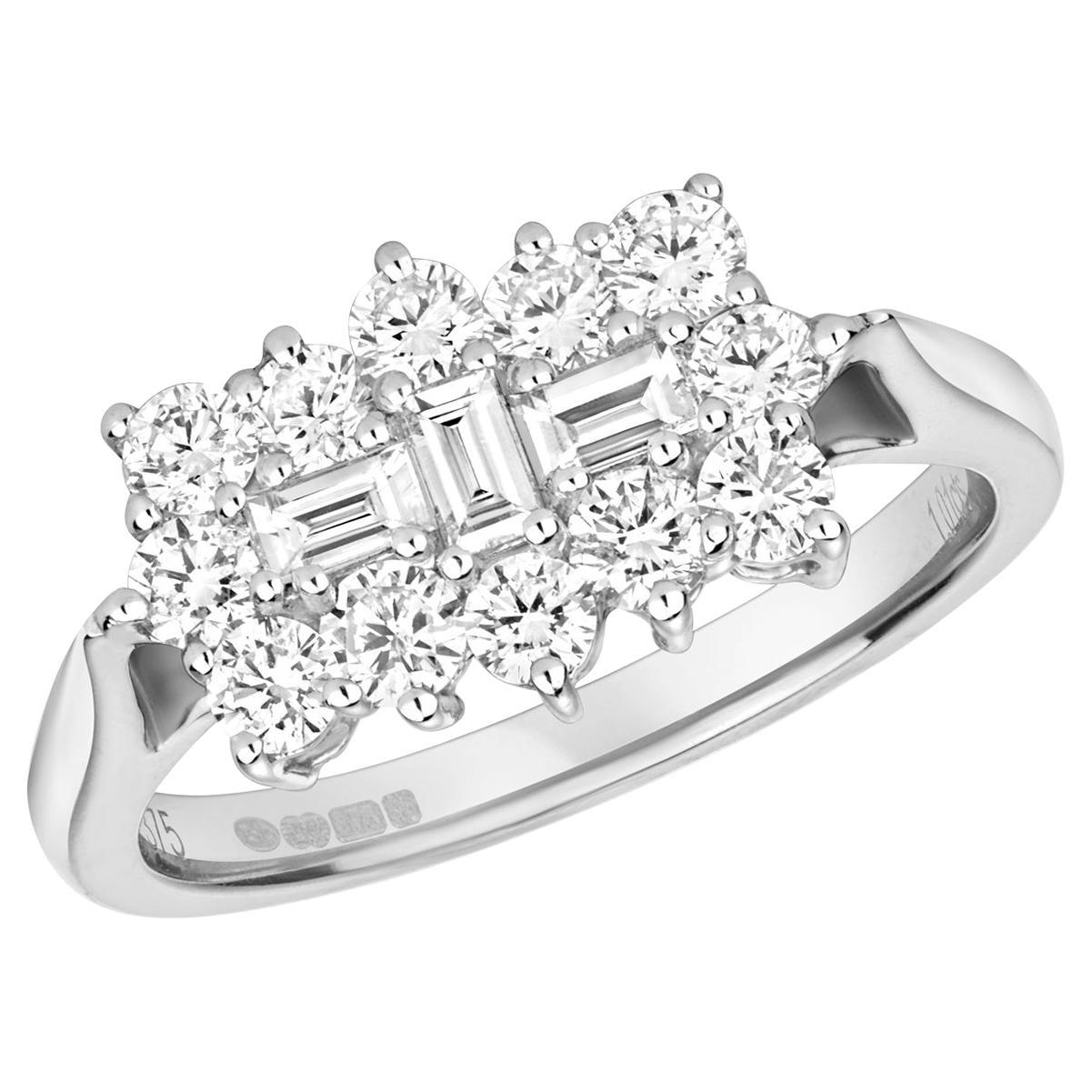 1ct DIAMOND ROUND AND BAGUETTE CLUSTER BOAT RING IN 9CT WHITE GOLD For Sale