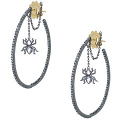 Vintage 1Ct Diamond Spider Earrings Large Hoops Sterling Silver 18K Gold Drops Estate