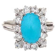 Bague cocktail vintage en or blanc 18 carats avec turquoise carrée et diamant 1 carat