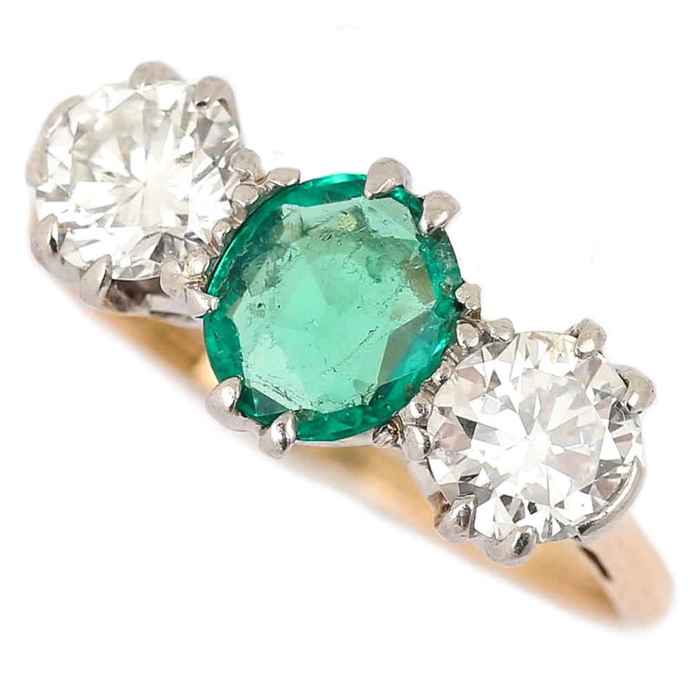 1ct Emerald and Diamond 1.50ct Three-Stone Ring 18k Yellow Gold and Platinum 2