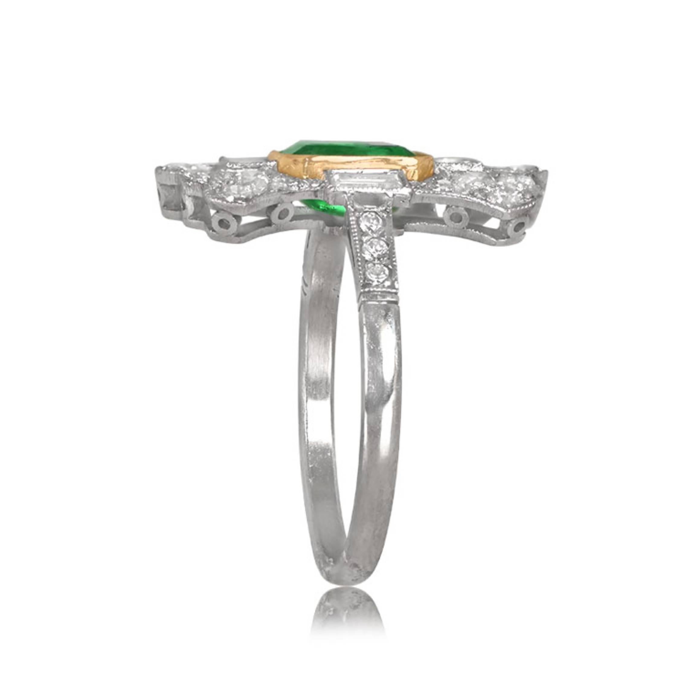 Art Deco 1ct Emerald Cut Natural Colombian Emerald Cocktail Ring, Yellow Gold & Platinum For Sale