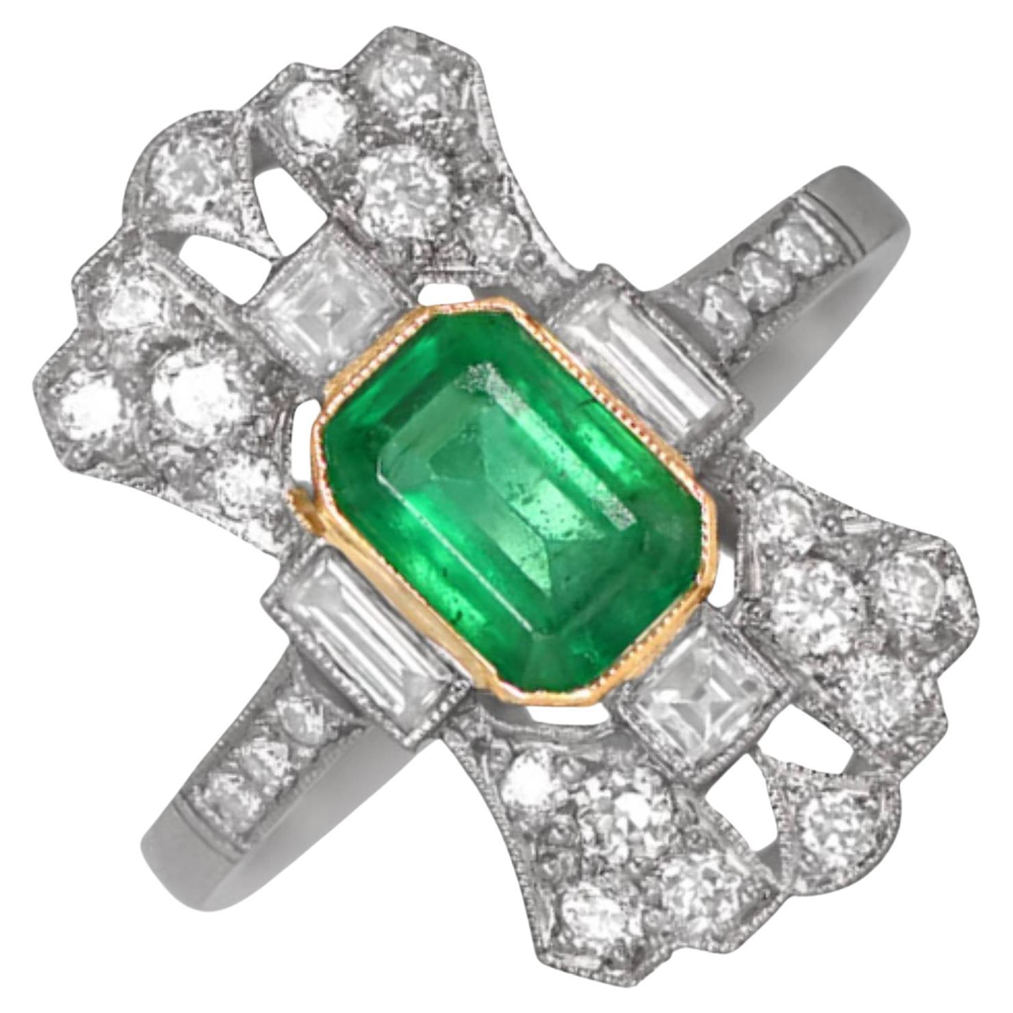 1ct Emerald Cut Natural Colombian Emerald Cocktail Ring, Yellow Gold & Platinum For Sale