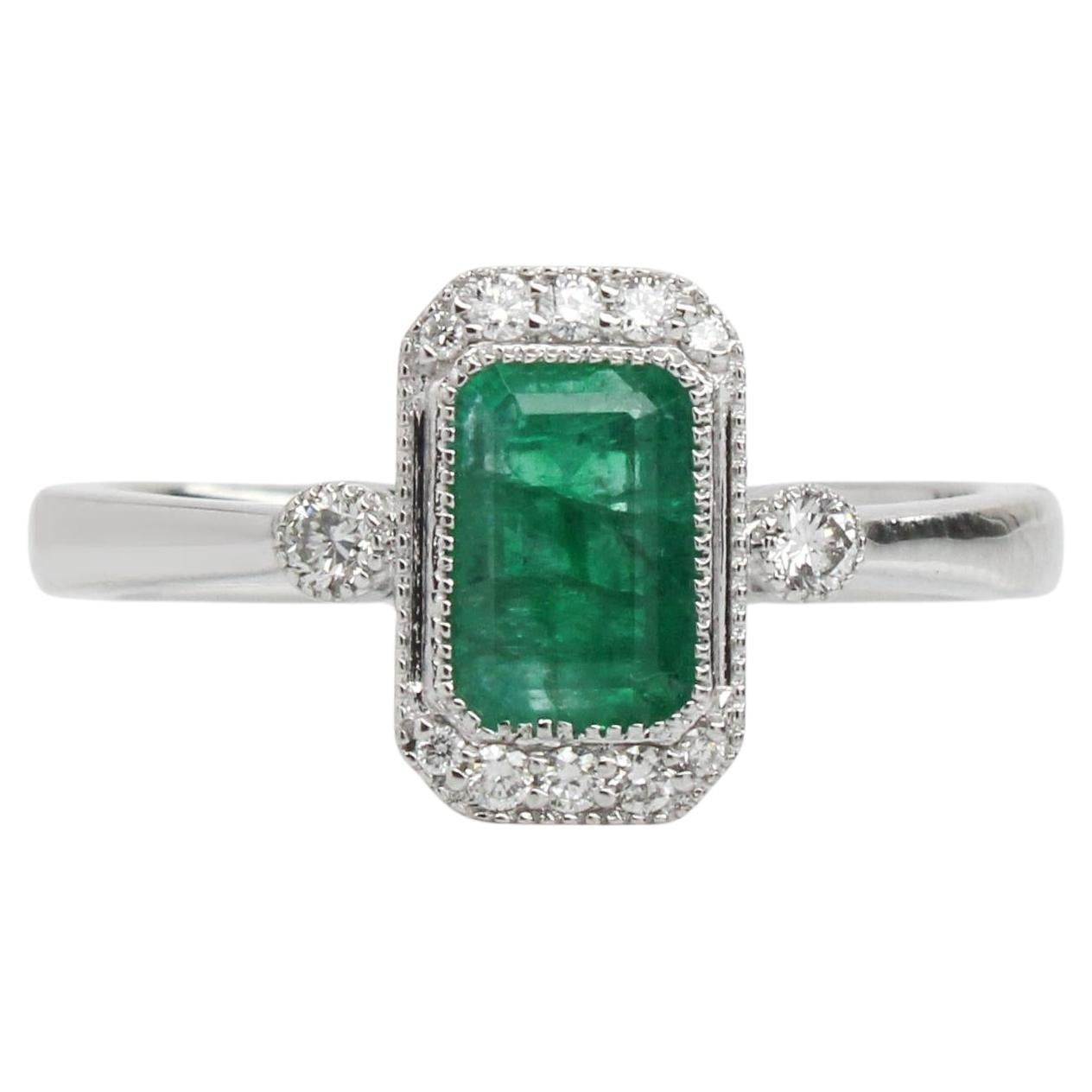 1ct Emerald Ring w Earth Mined Diamonds in Solid 14K White Gold EM 7x5mm