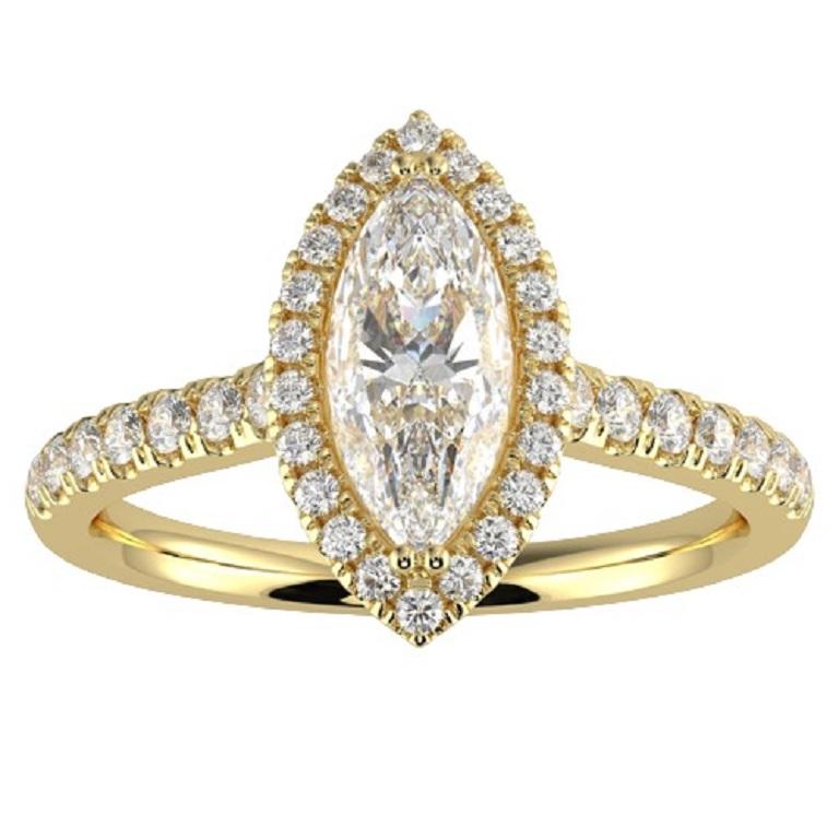 1CT GH-I1 Natural Diamond Halo Engagement Ring 14K Yellow Gold, Size 6.5 For Sale