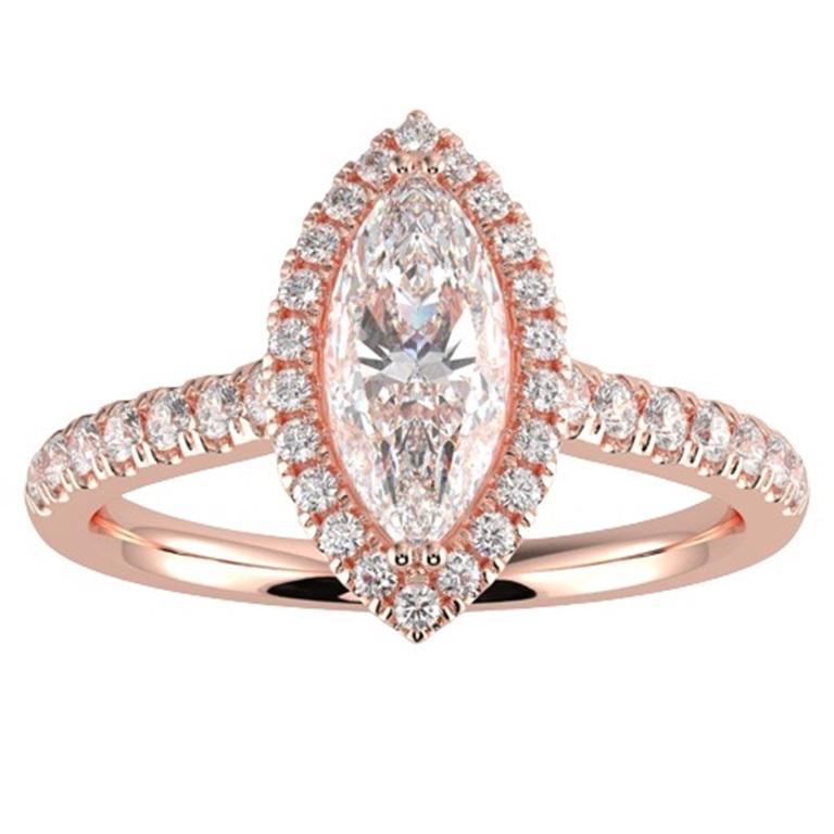 Bague de fiançailles halo en or rose 14 carats avec diamant naturel 1CT GH-I1 pour femmes, taille 11 en vente