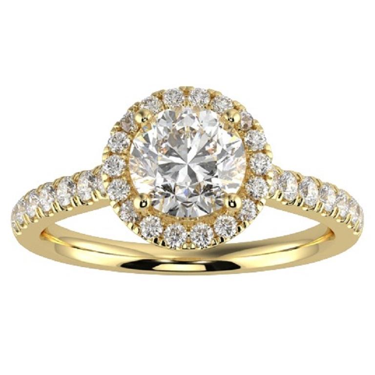 1CT GH-I1 Natural Diamond Halo Engagement Ring for Women 14K Yellow Gold, Size 6 For Sale