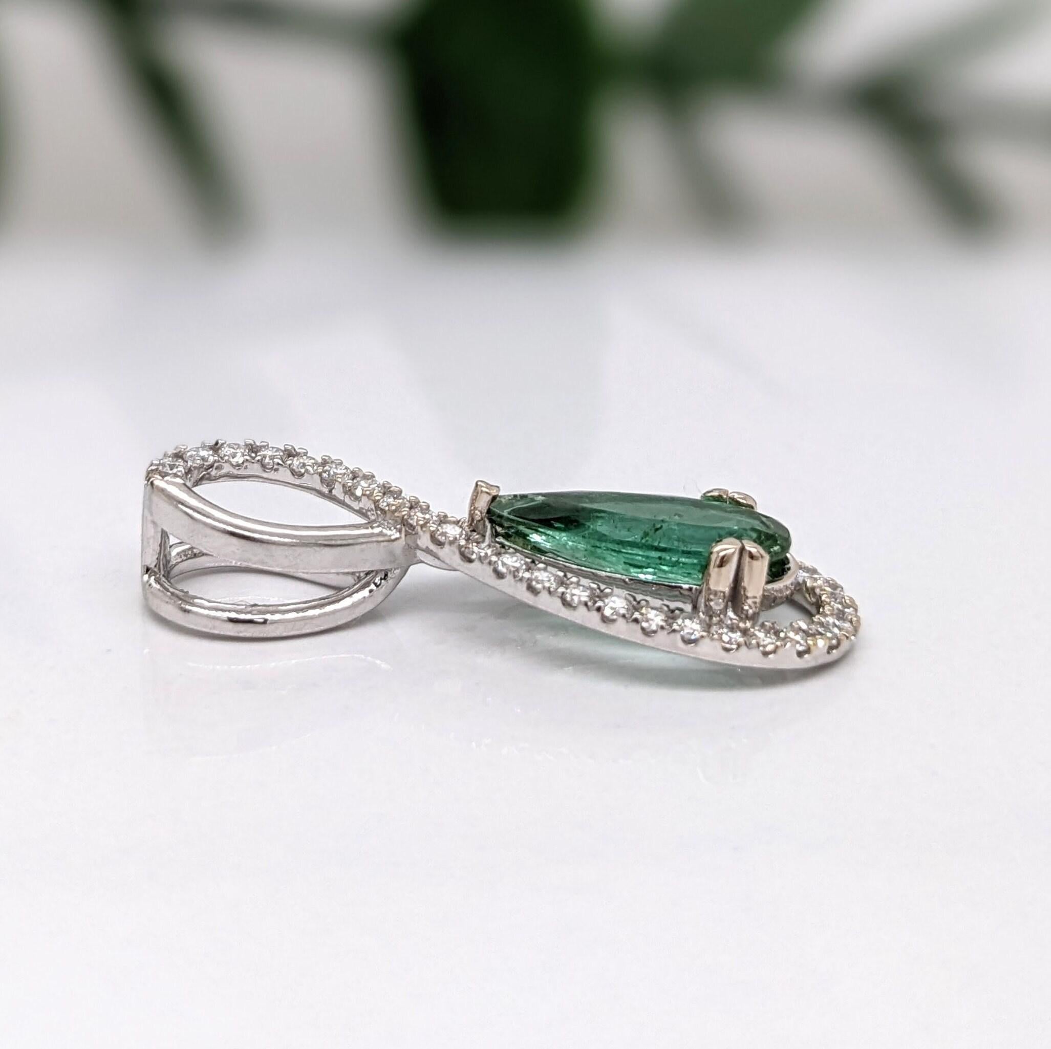 Modern 1ct Green Tourmaline Pendant w Earth Mined Diamonds in Solid 14K Gold Pear 11x5 For Sale