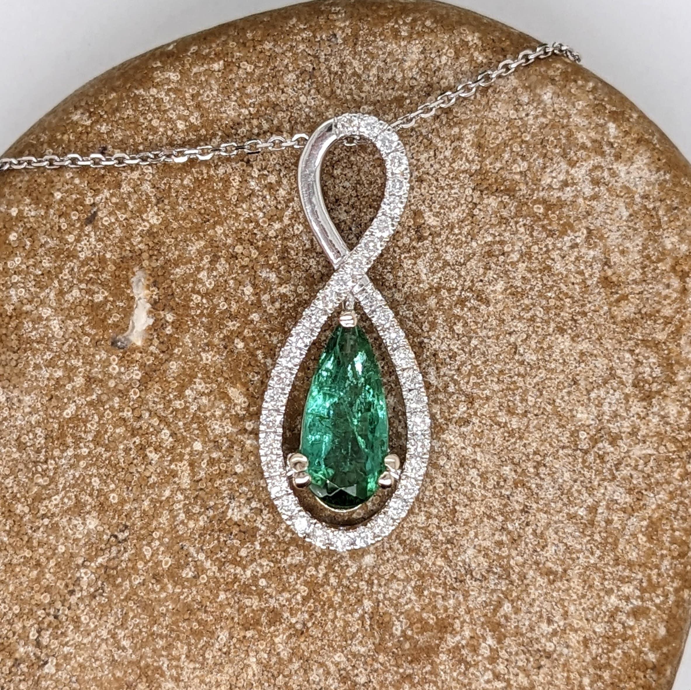 Women's 1ct Green Tourmaline Pendant w Earth Mined Diamonds in Solid 14K Gold Pear 11x5 For Sale