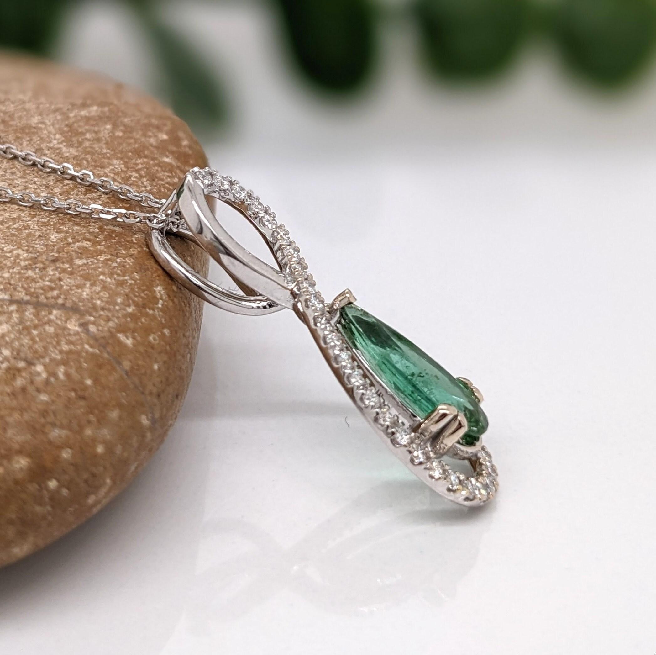 1ct Green Tourmaline Pendant w Earth Mined Diamonds in Solid 14K Gold Pear 11x5 For Sale 2