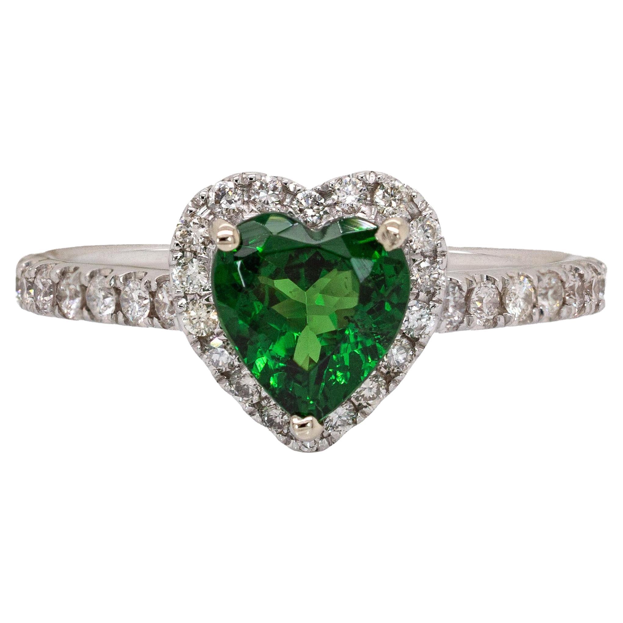 Anello con granato tsavorite a forma di cuore da 1 centesimo e diamanti naturali: Oro bianco 14K