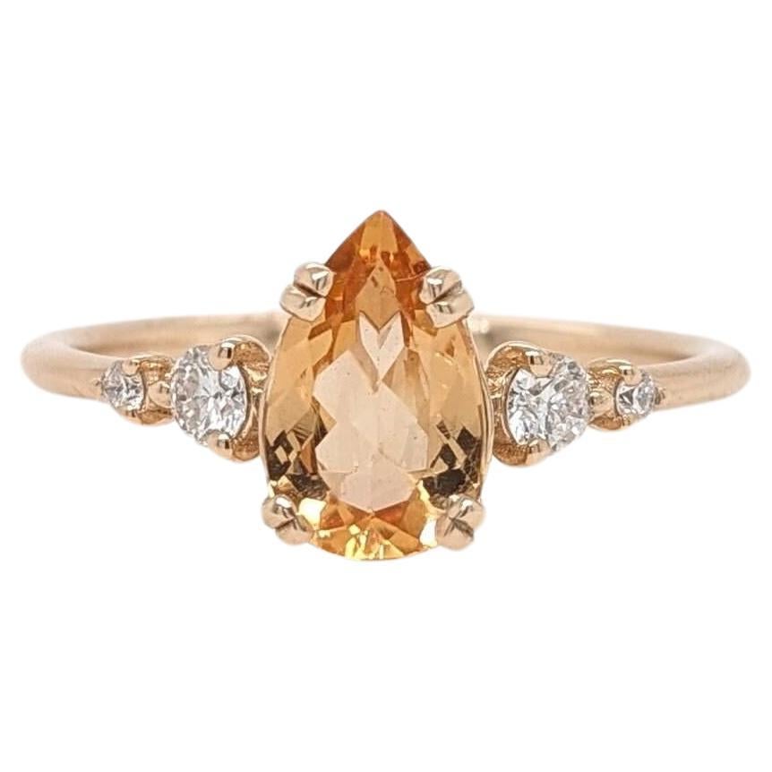 1ct Imperial Topaz Ring w Natural Diamonds in Solid 14k Yellow Gold Pear 9x5mm For Sale