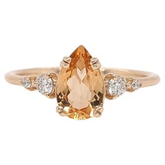 1 Karat kaiserlicher Topas Ring mit natürlichen Diamanten in massivem 14k Gelbgold Birnenring 9x5 mm
