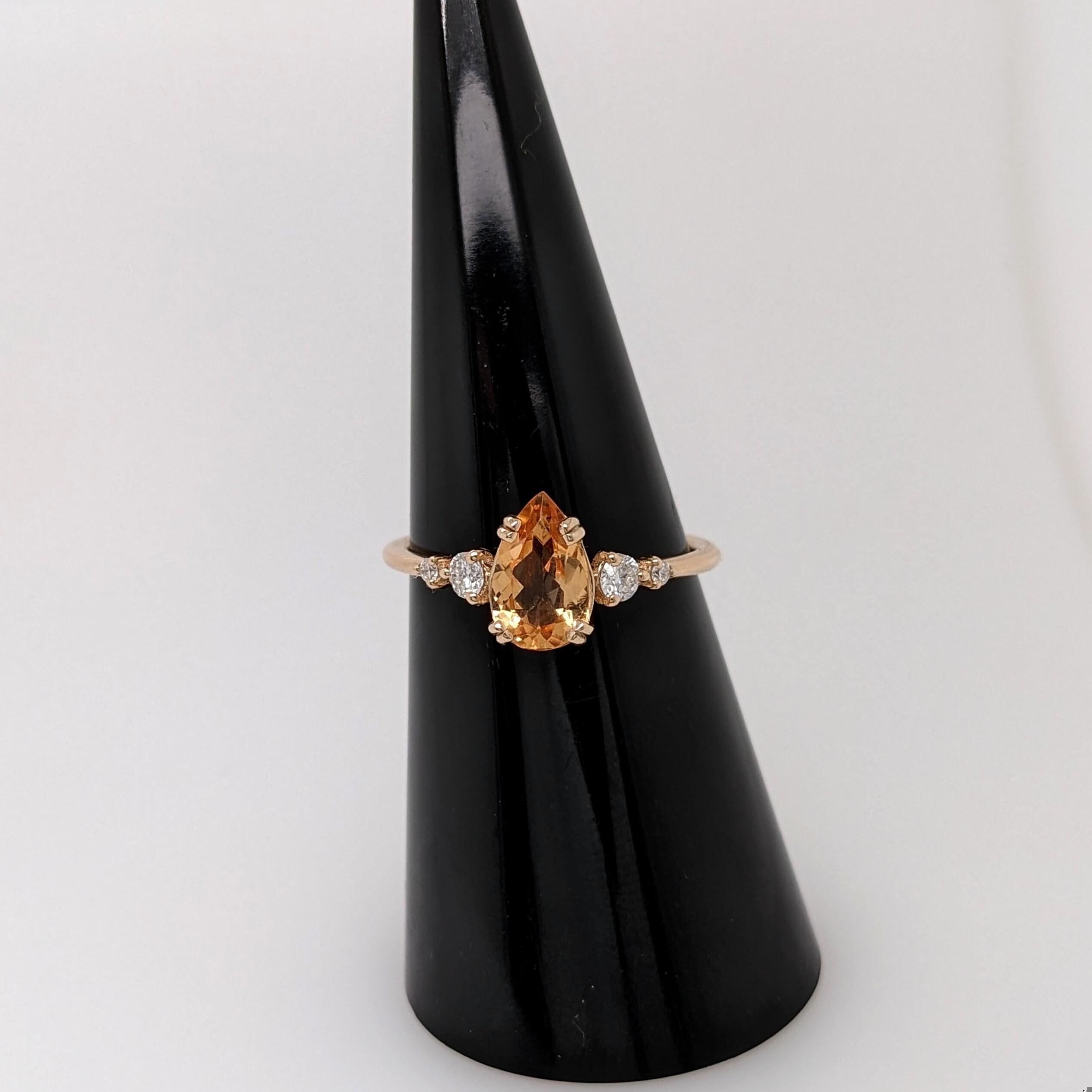 Modern 1ct Imperial Topaz Ring w Natural Diamonds in Solid 14k Yellow Gold Pear 9x5mm For Sale